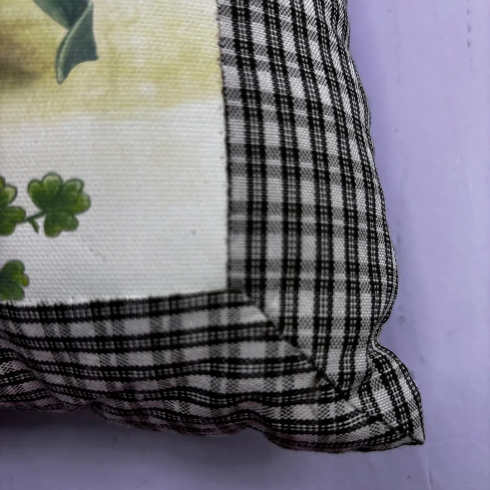 Happy St Patricks Day Decor Pillow Shamrock Basket Gingham Check Green Black